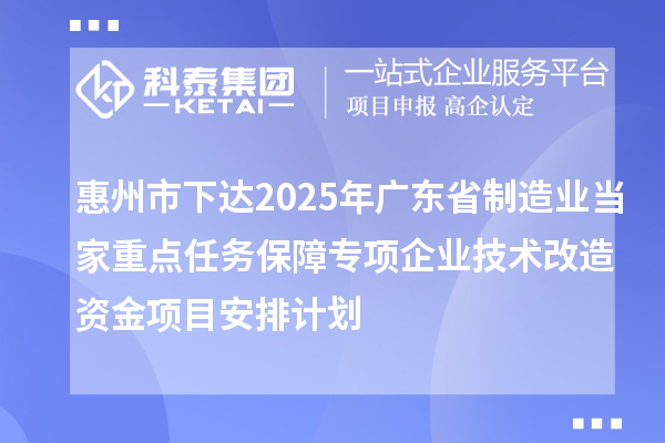 惠州市下达2025年广东省制造业当家重点任务保障专项企业技术改造资金项目安排计划