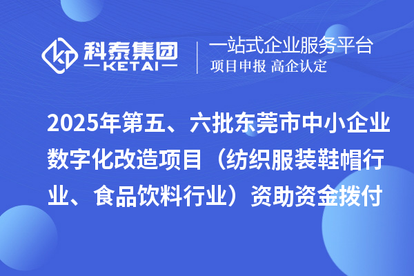 2025年第五、六批东莞市中小企业数字化改造项目(纺织服装鞋帽行业、食品饮料行业)资助资金拨付