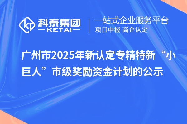 广州市2025年新认定专精特新“小巨人”市级奖励资金计划的公示