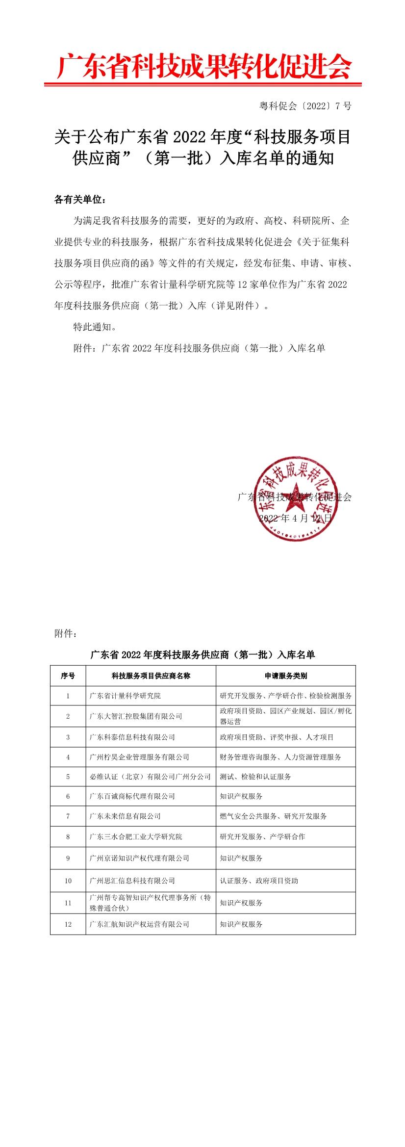 广东科泰信息科技有限公司入选2022年度科技服务项目供应商