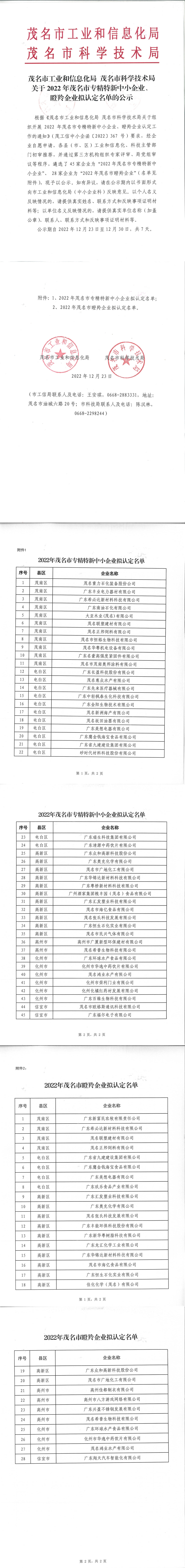 茂名市2022年专精特新中小企业、瞪羚企业拟认定名单的公示