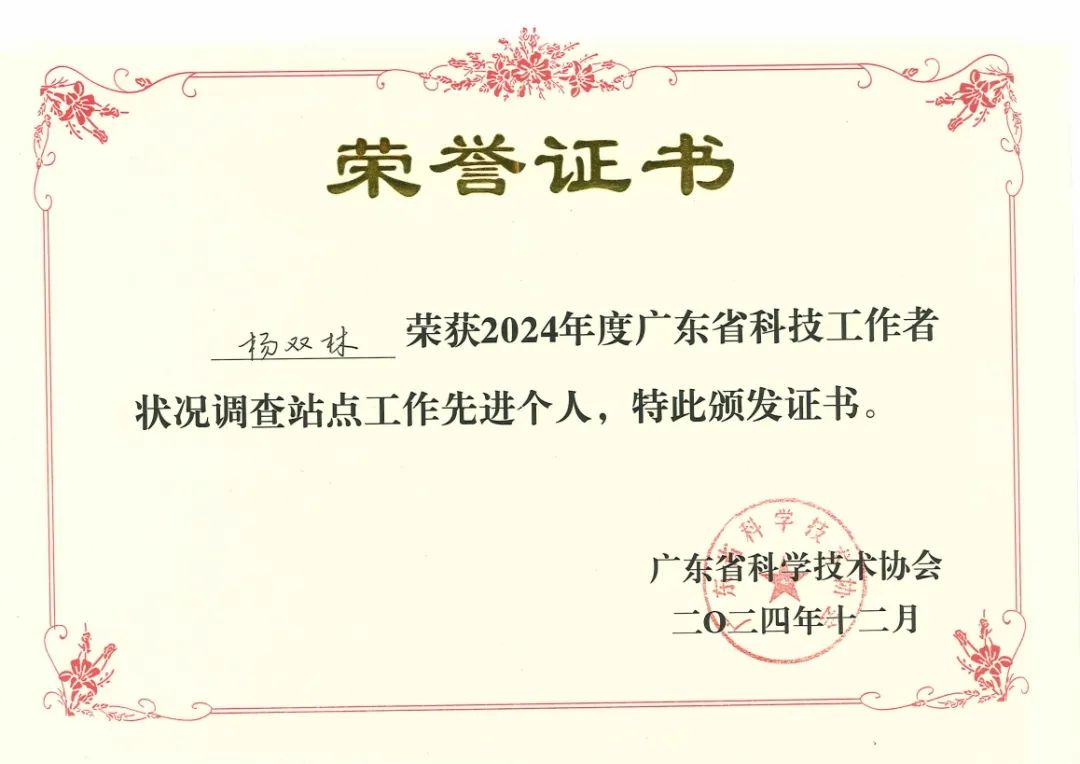 荣获“2024年度科技工作者状况调查站点工作先进单位和先进个人”