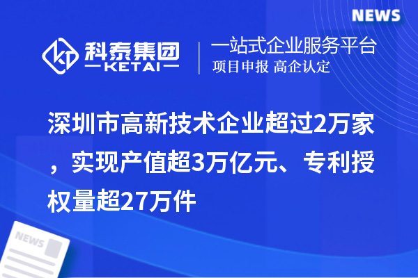 深圳市高新技术企业超过2万家，实现产值超3万亿元、专利授权量超27万件