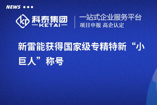 新雷能获得国家级专精特新“小巨人”称号