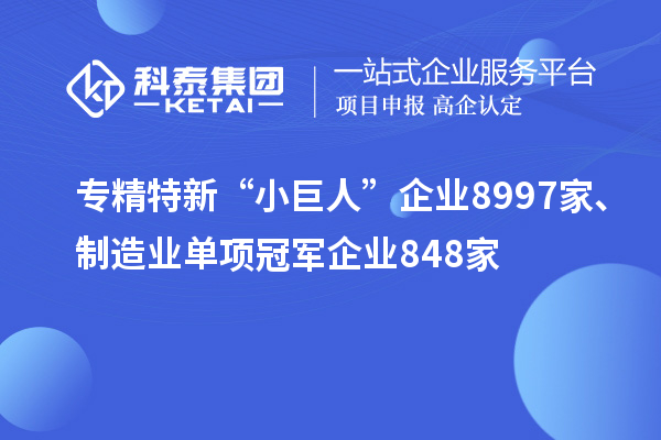 专精特新“小巨人”企业8997家、制造业单项冠军企业848家