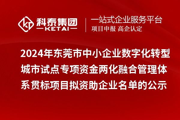 2024年东莞市中小企业数字化转型城市试点专项资金两化融合管理体系贯标项目拟资助企业名单的公示