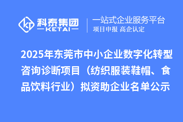 2025年东莞市中小企业数字化转型城市试点专项资金咨询诊断项目（纺织服装鞋帽、食品饮料行业）拟资助企业名单的公示