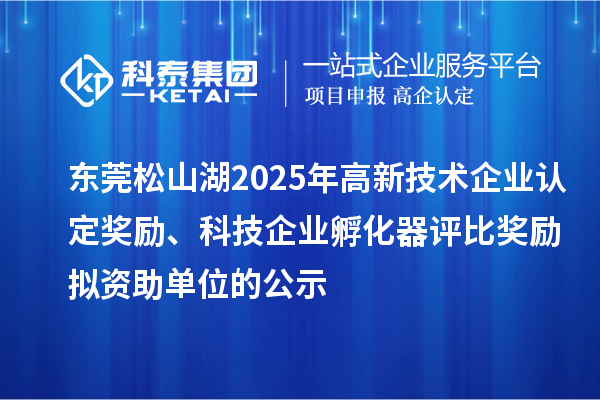 东莞松山湖2025年奖励、科技企业孵化器评比奖励拟资助单位的公示